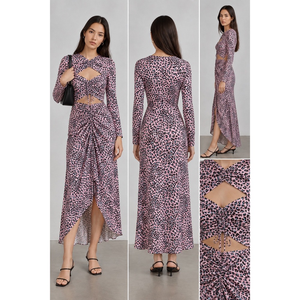 NWT Maje Rave Long Satin Cut Out Dress Leopard Animal Print Women's XS/34